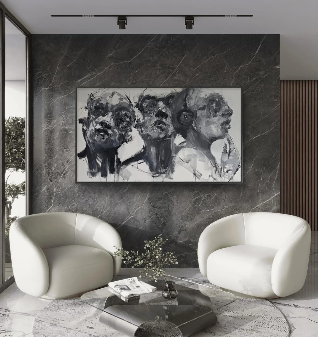 Modern living room with a large black and white portrait of three faces on a dark marble wall, two white curved armchairs, a glass coffee table with a magazine and plant, and a nearby window showing greenery outside.