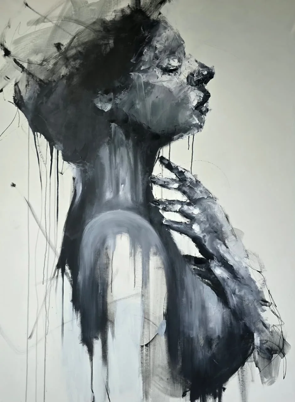 A monochromatic abstract portrait of a woman with her eyes closed, hand near her neck, and hair blending into a background of drips and splatters.