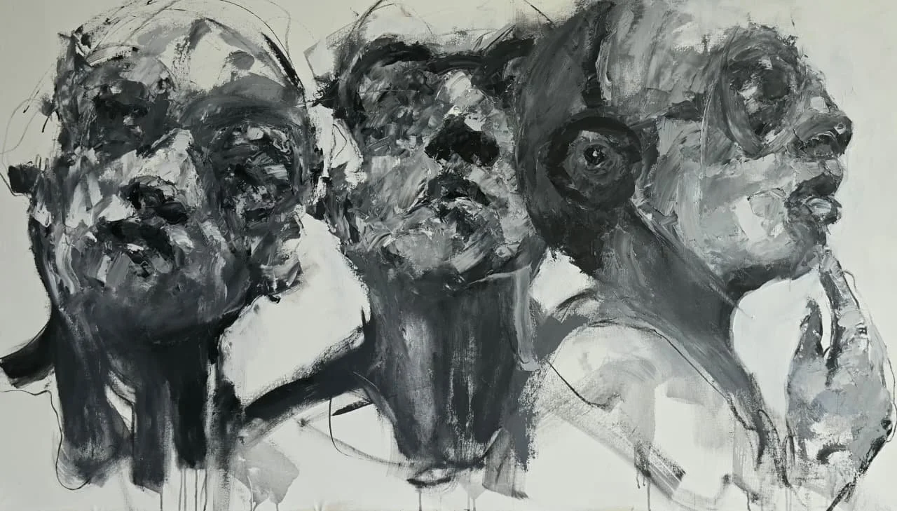 Abstract black and white painting of four human faces with expressive brushstrokes and blurred features.