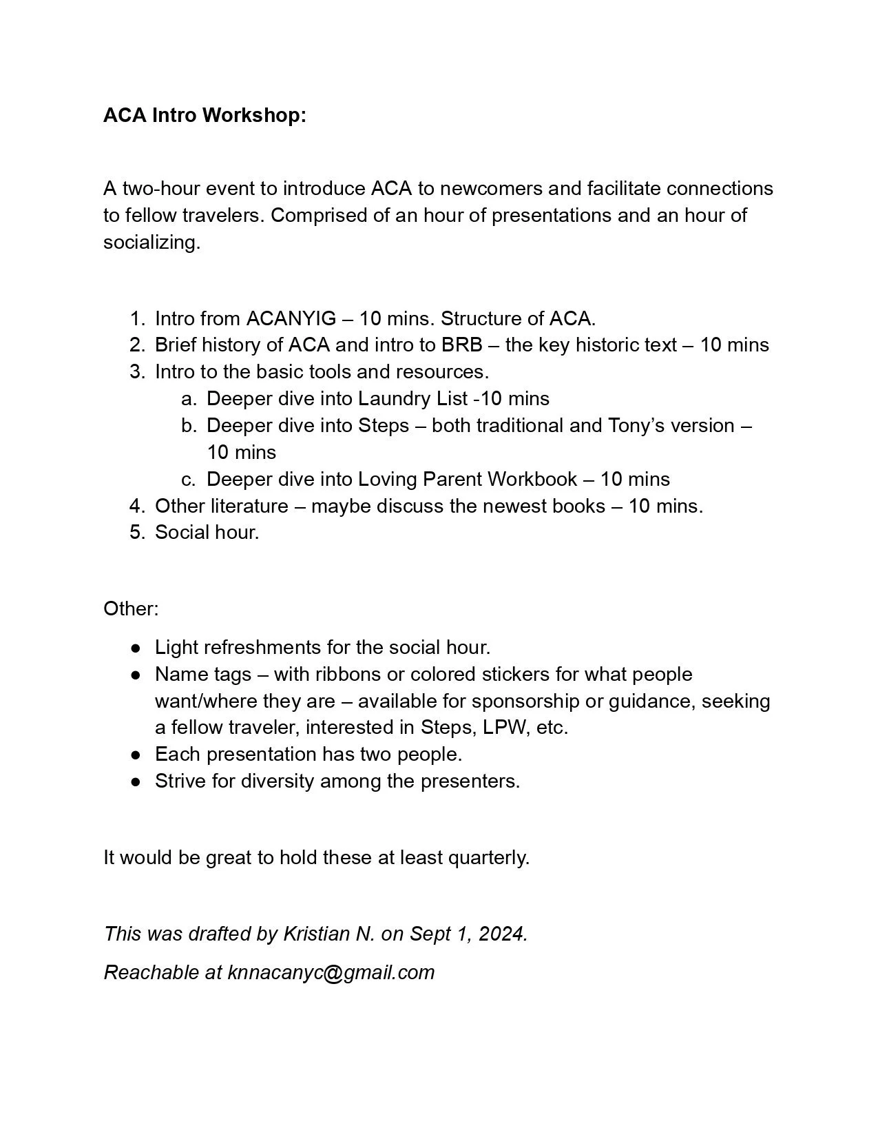 proposal for New York ACA introductory workshops