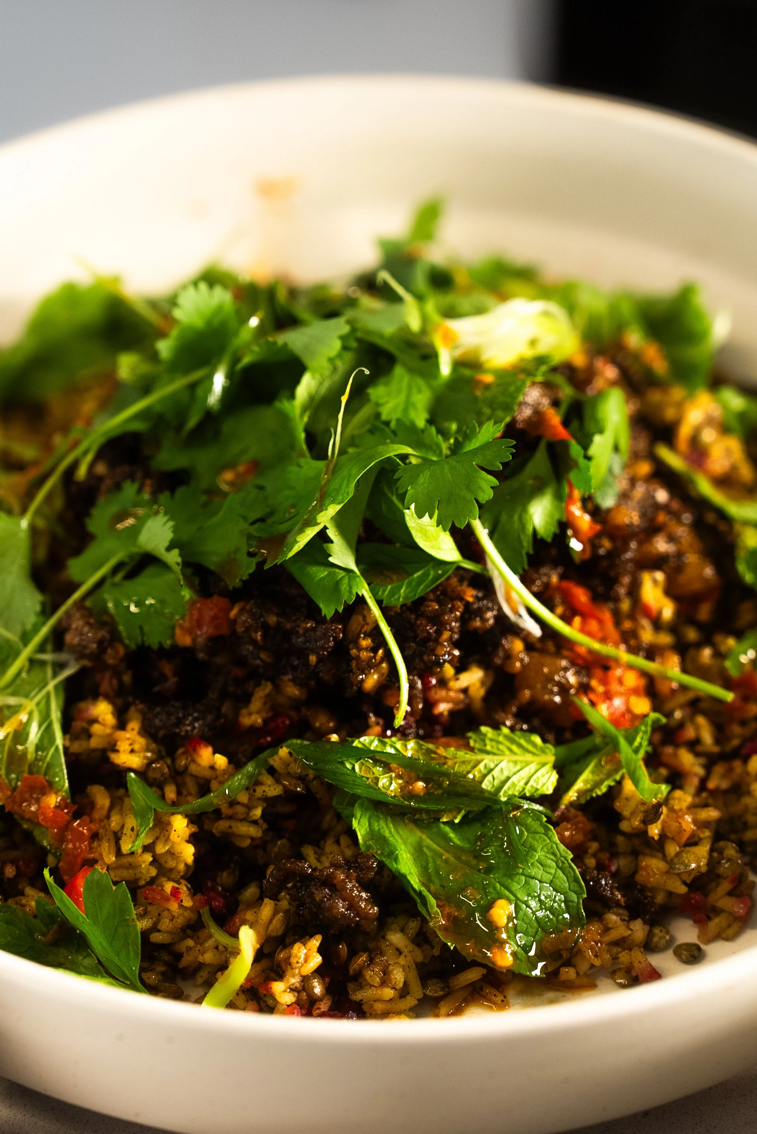 Mejadra - Spiced Rice with Crispy Lamb Mince