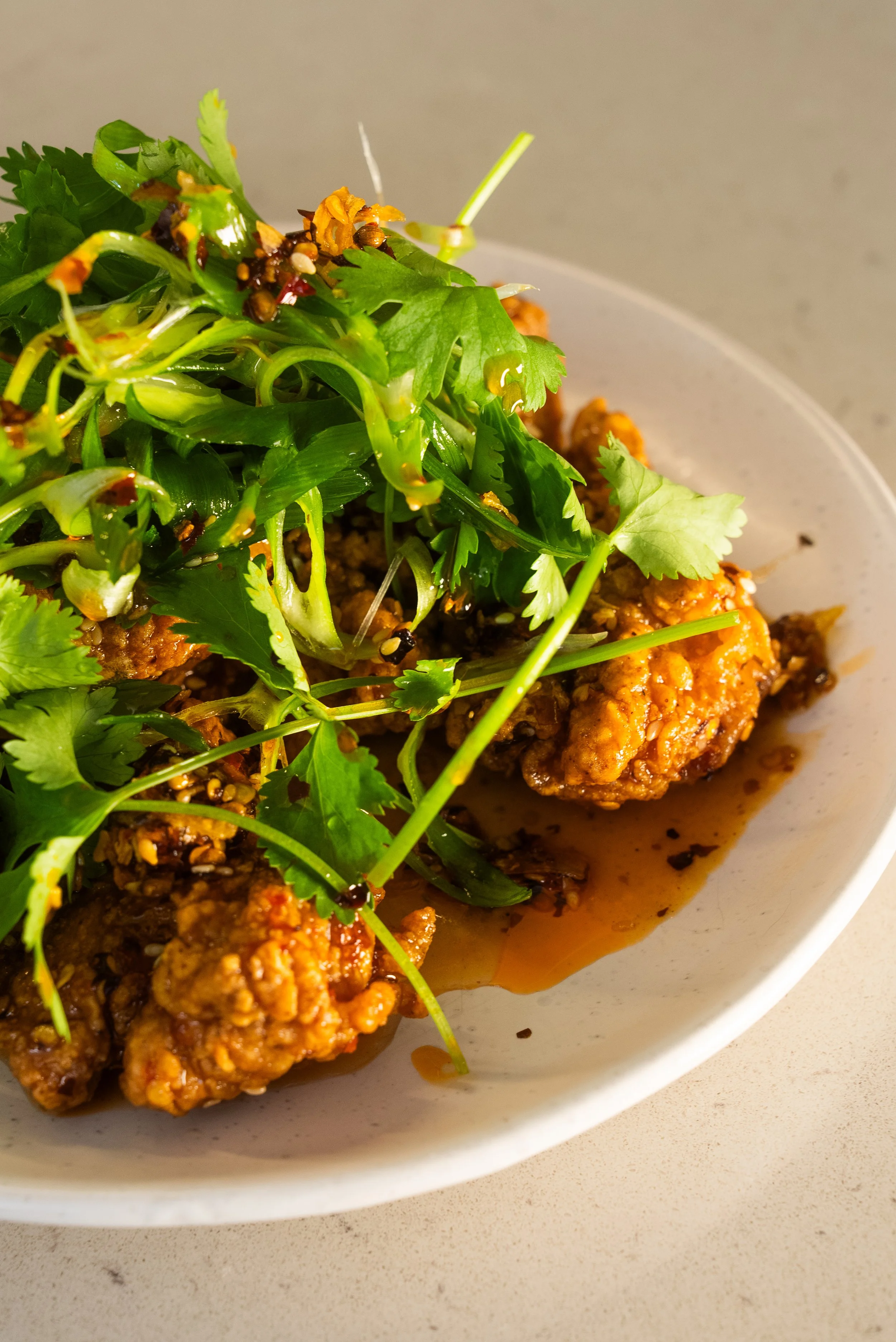Honey Glazed Fried Chicken with buttermilk dressing and asian herb salad