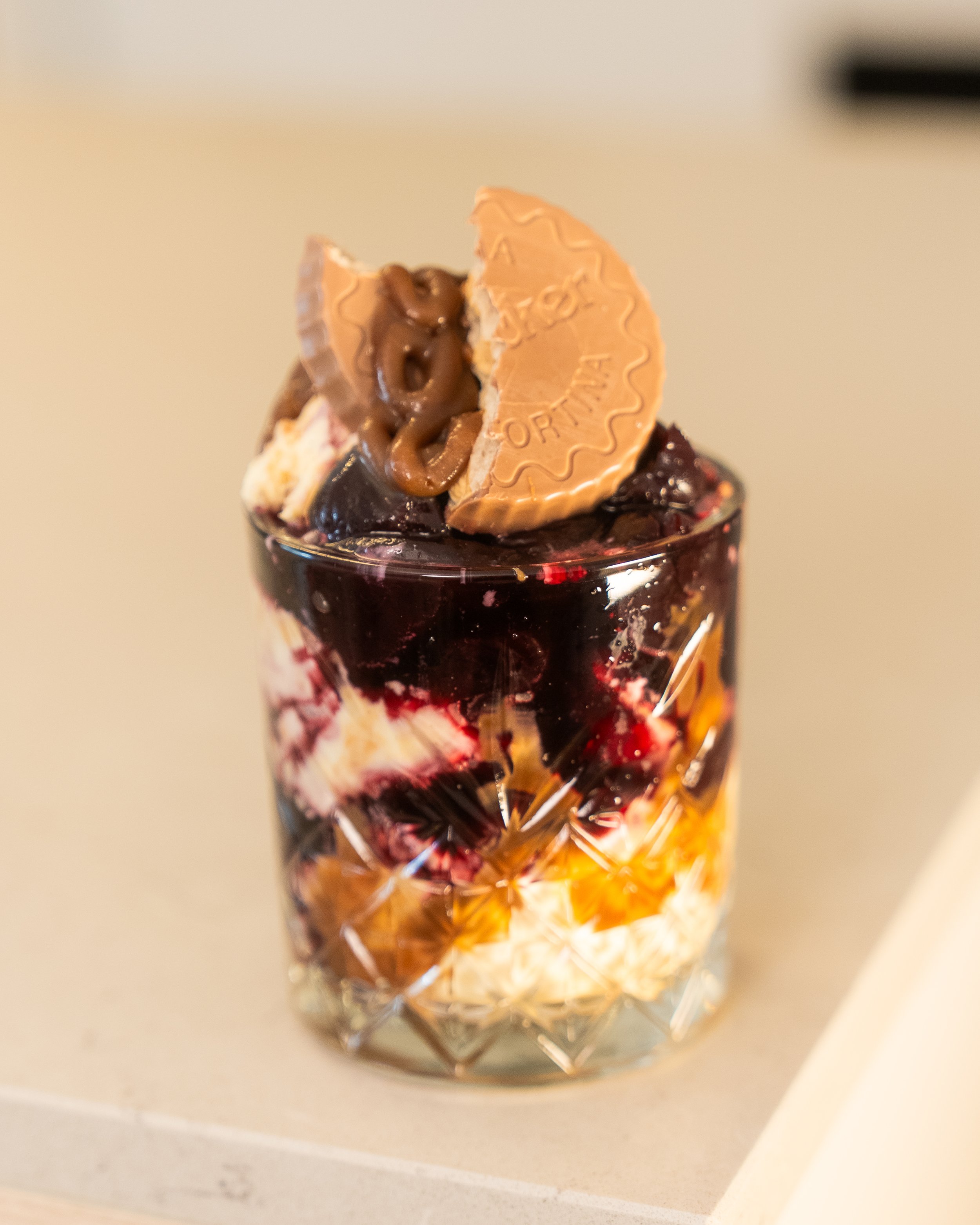 Whipped Ricotta Pots with Salted Chocolate Caramel and  Biscotti