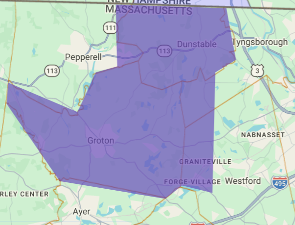 Map highlighting the area of Dunstable, Massachusetts, in purple, showing nearby towns like Pepperell, Groton, Graniteville, Forge Village, and Westford.