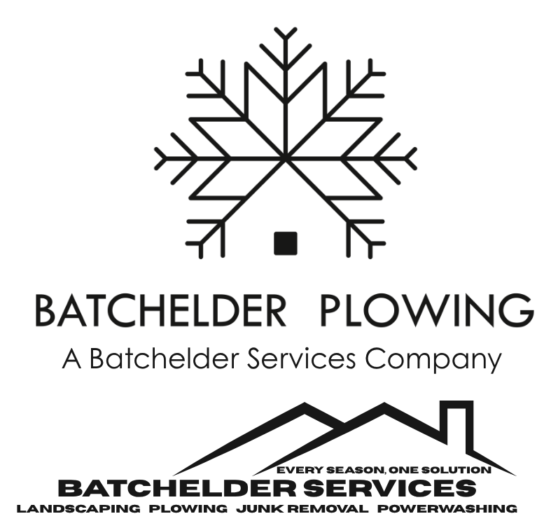 Logo with a snowflake, company name 'Batchelder Plowing,' a house icon, and text indicating services like landscaping, plowing, junk removal, and powerwashing.