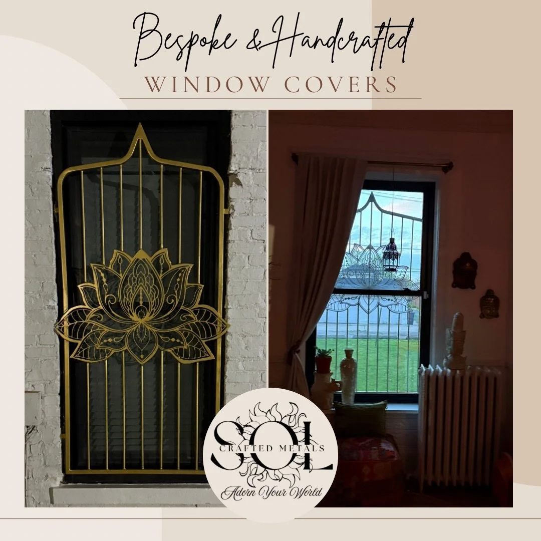 Sol Crafted Metals showcasing bespoke and handcrafted window covers, with images of a metal window grille design and a decorated window with a matching metal grille. The logo for Sol Crafted Metals is at the bottom. Welding, gates, fences, iron.