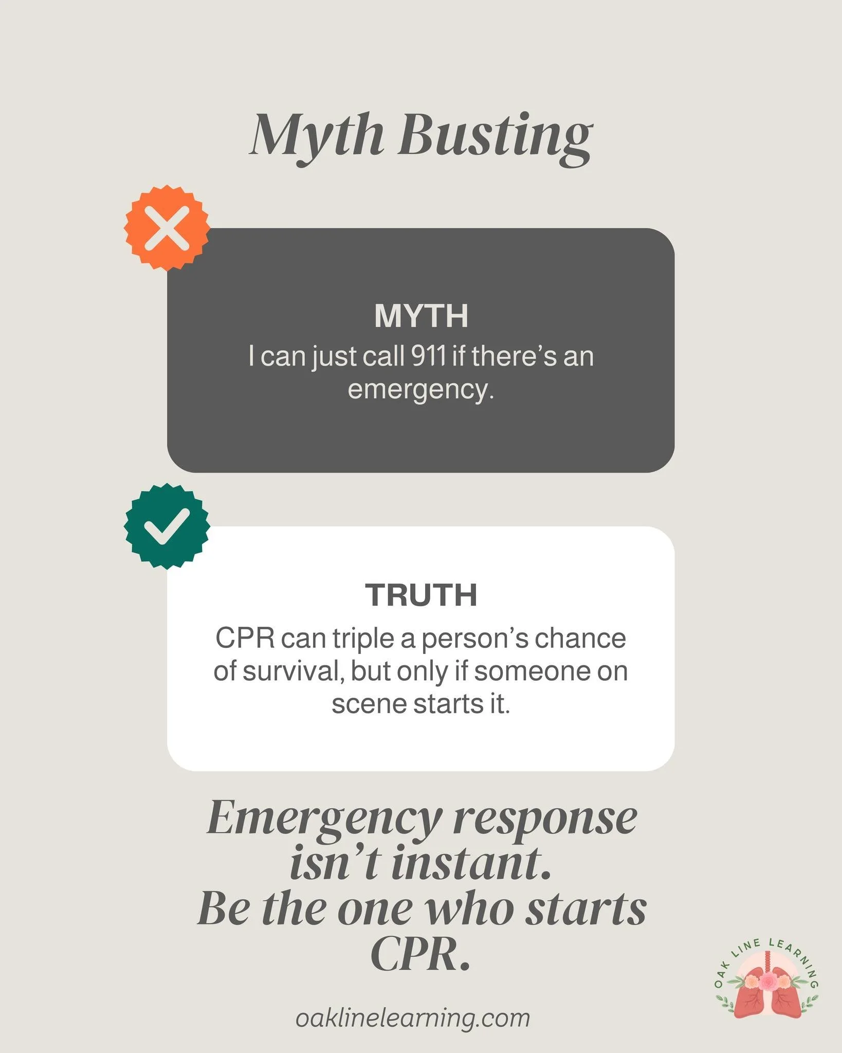 📞 Calling 911 is crucial but it's not enough.
Emergency response isn&rsquo;t instant.
CPR can triple the chance of survival, but only if someone on scene starts it.
Don&rsquo;t wait. Be ready. Be the one who knows what to do.
#oaklinelearning #cprfa