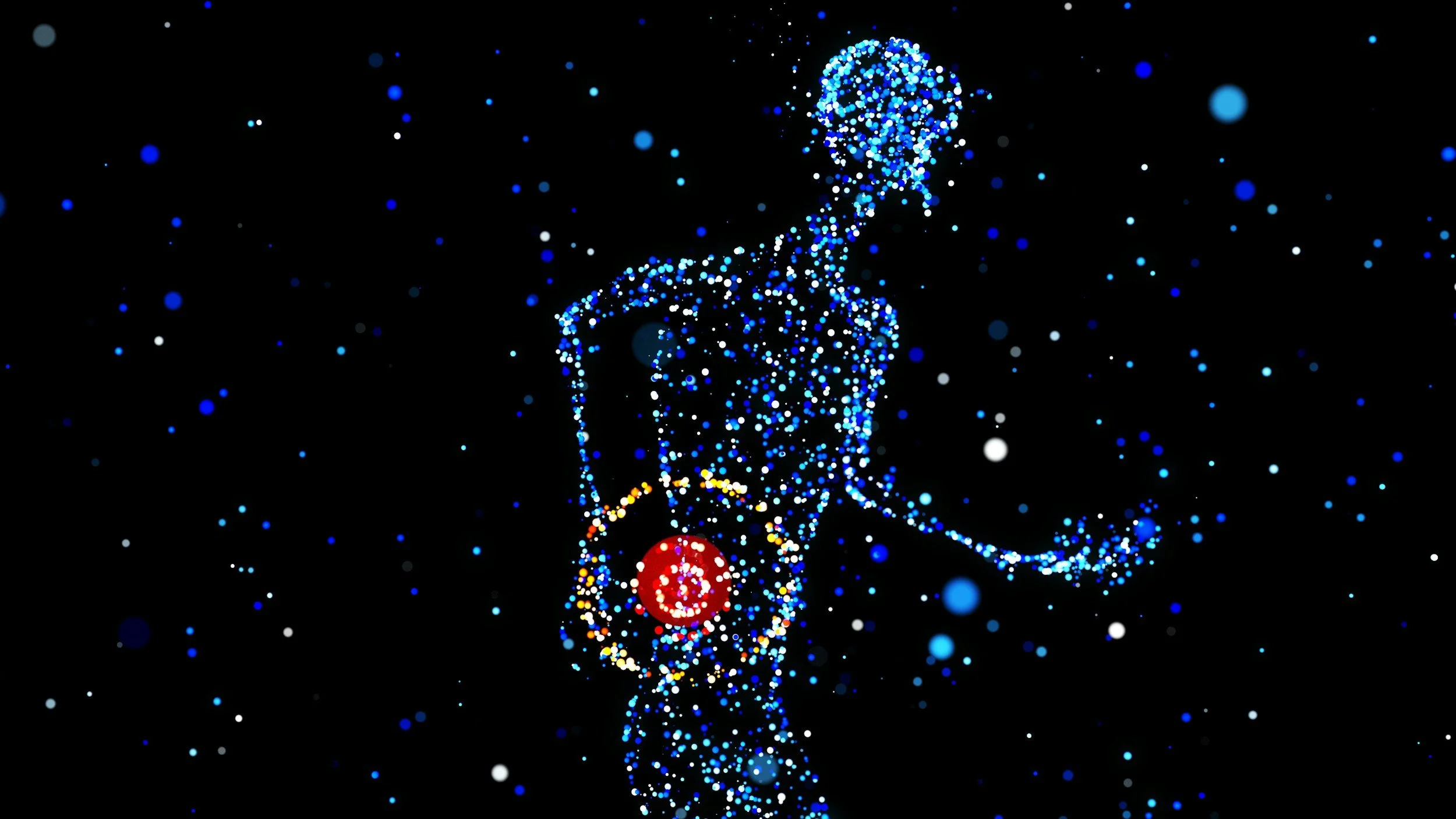 A digital illustration of a human figure made of blue and white dots against a black background, with a red dot on the lower abdomen area.
