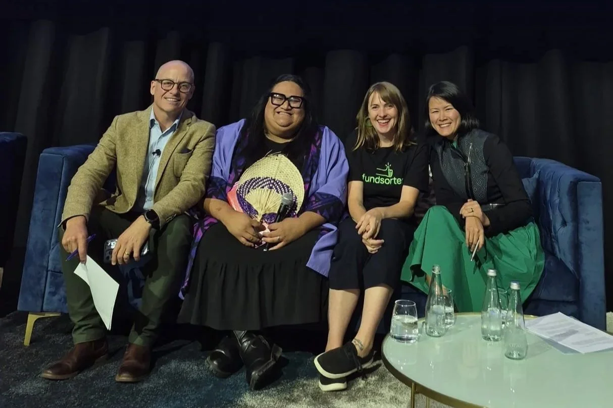 Arron, Namulau'ulu Eteroa, Lani and Jade seated for their panel session. They are all smiling looking to camera.