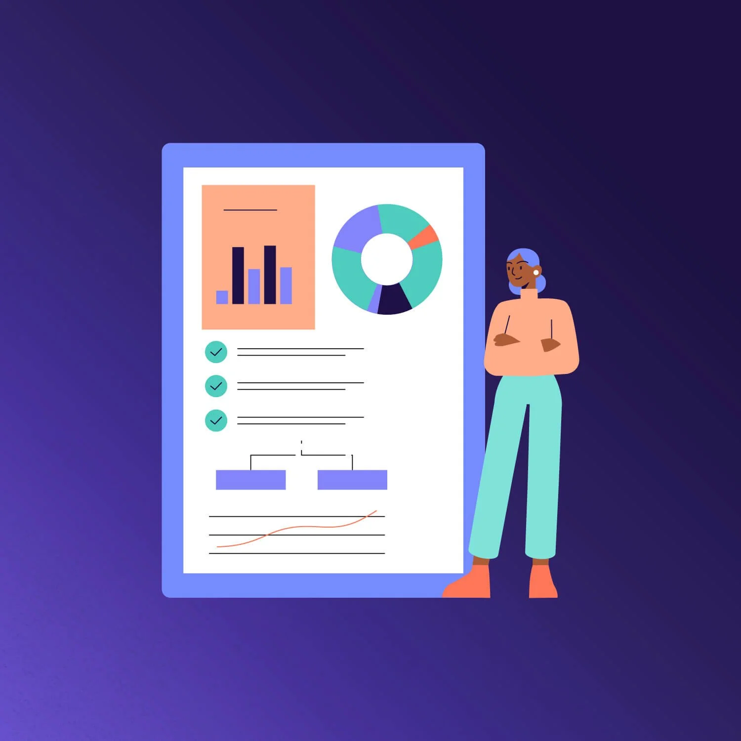 Illustration showing a character looking happy standing next to a completed impact report