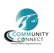 Logo for Community Connect with a stylized fish design and the text 'COMMUNITY CONNECT' and 'Pāmānaū Ahina | Supporting Community'.