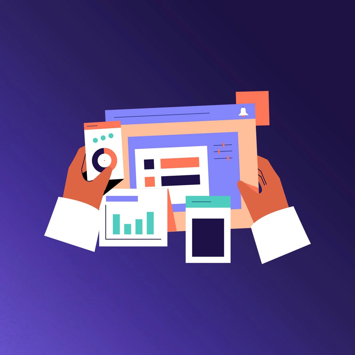 Icon representing an online conversation or interview, showing people or chat bubbles to depict gathering stories and quantitative data.