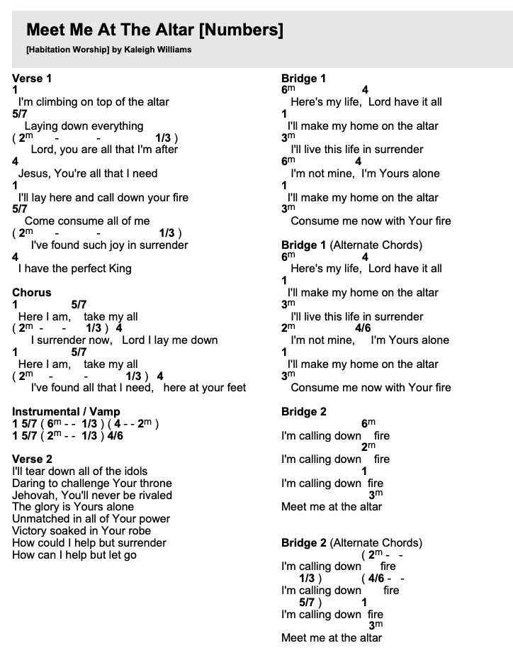 "Meet Me At The Altar" Number Chart