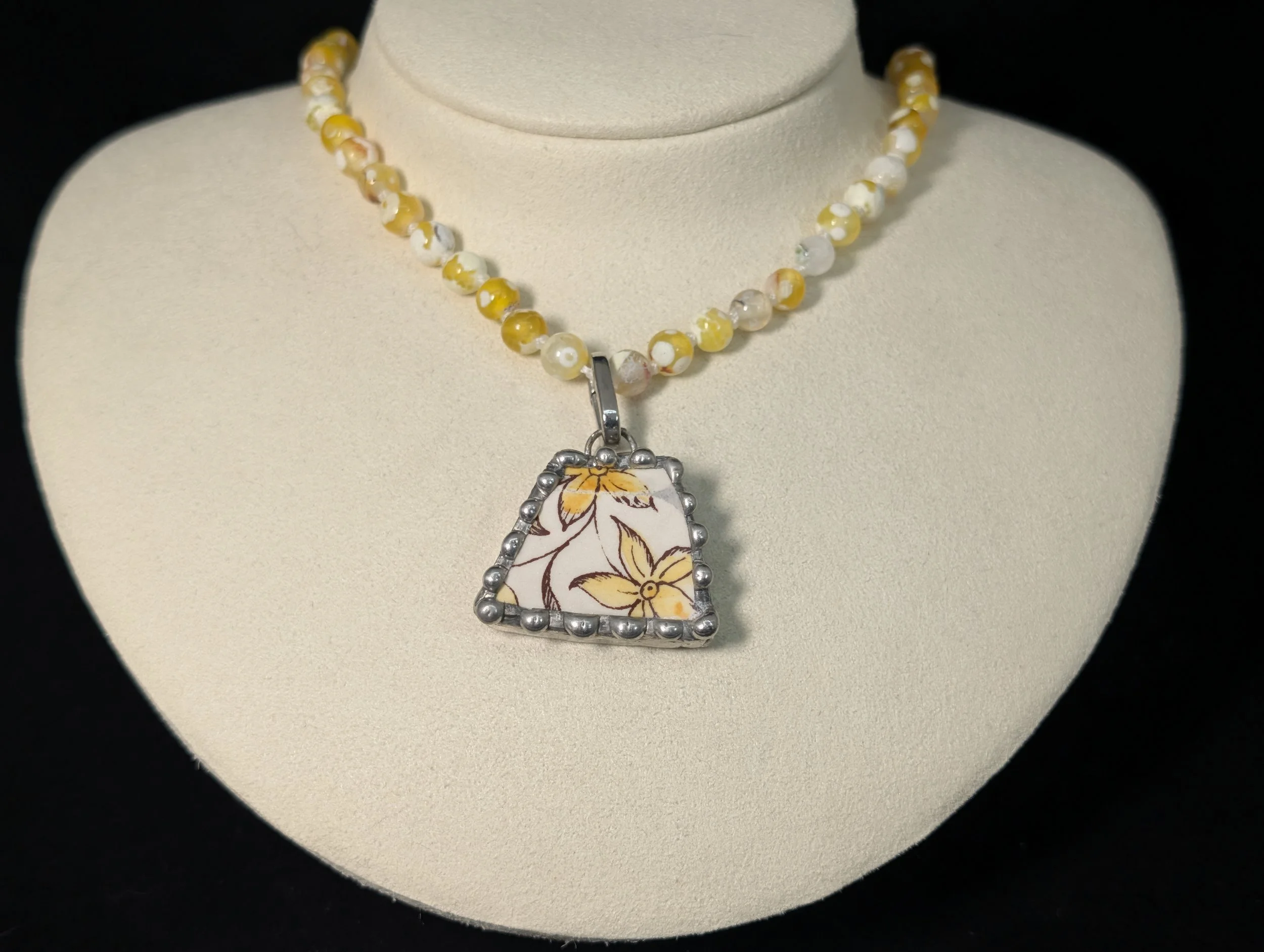 Yellow Flower Pendant on Hand Knotted Beaded Necklace (Pendant Removeable)