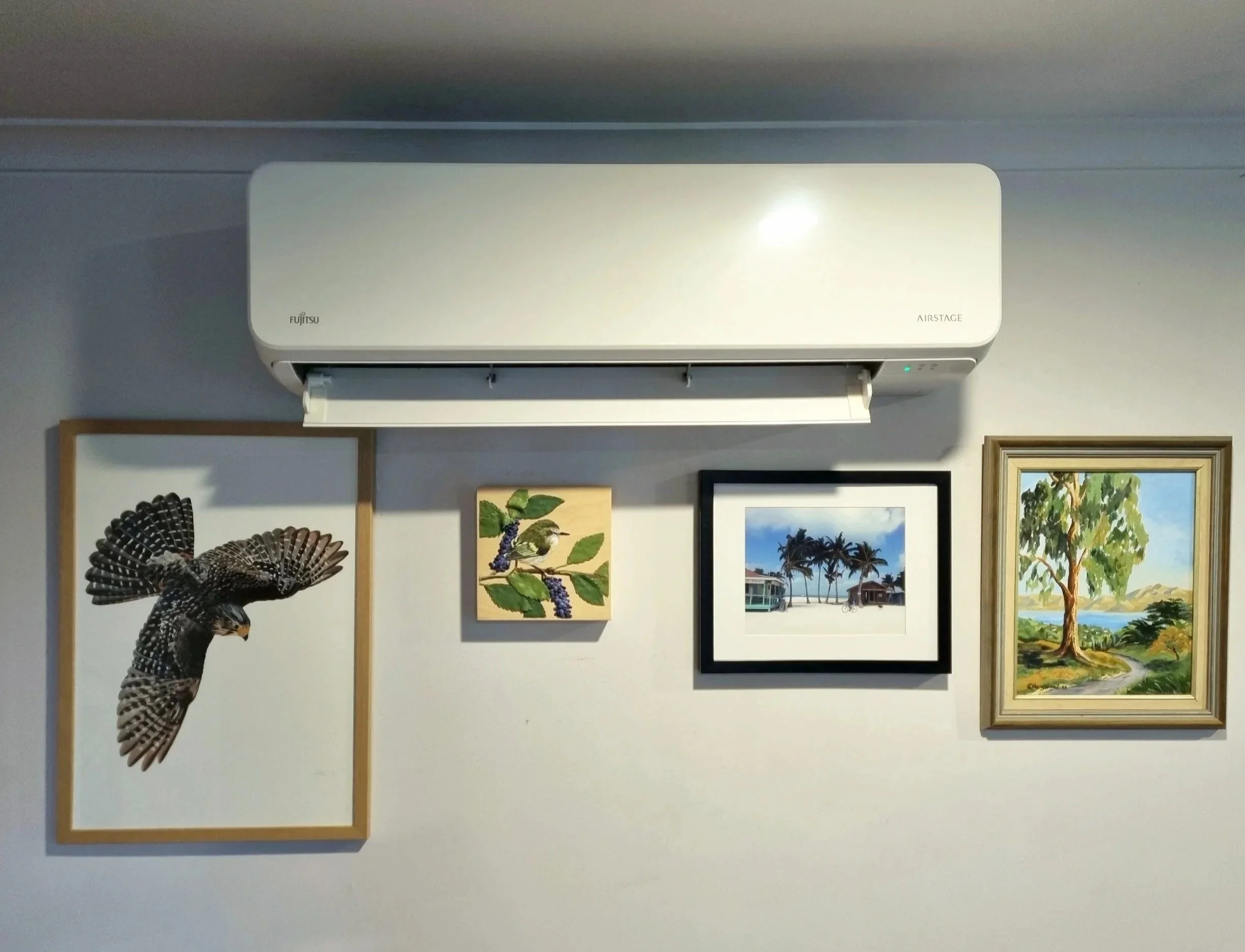 Image showing a heat pump installed by Forrest Electrical and Weka Electrical. The heat pump is turned on and is surrounded by artwork. The bird artworks were made by Danny Forrest, a polymer clay artist.