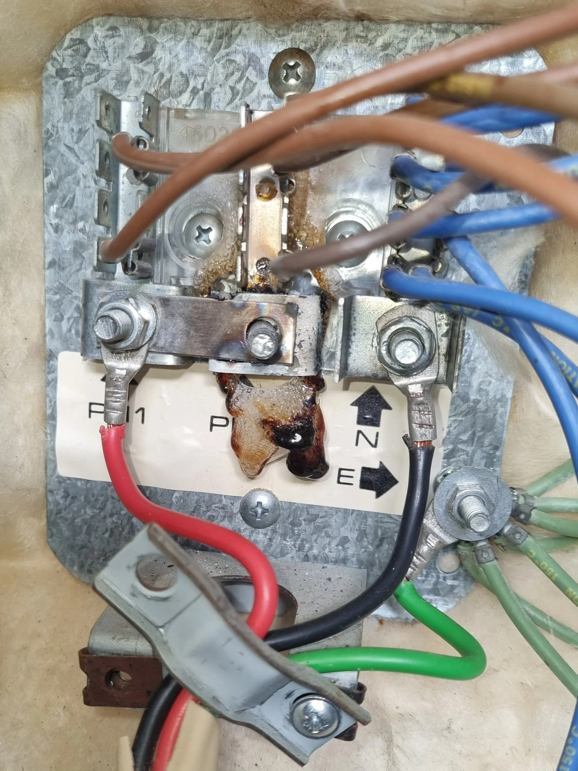Image show and electrical fault on a circuit board.  The cable has blown