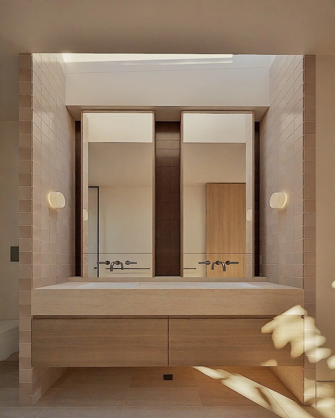 Soft light and subtle contrast &mdash; chocolate zellige and creamy travertine shaping the main and guest bathrooms at Nagomi.⁠
⁠
Project: Nagomi by @rsb_property 
Architect: @jaysonpatedesign @design.bychelsea 
Builder: @jtbuildingprojects 
Interior