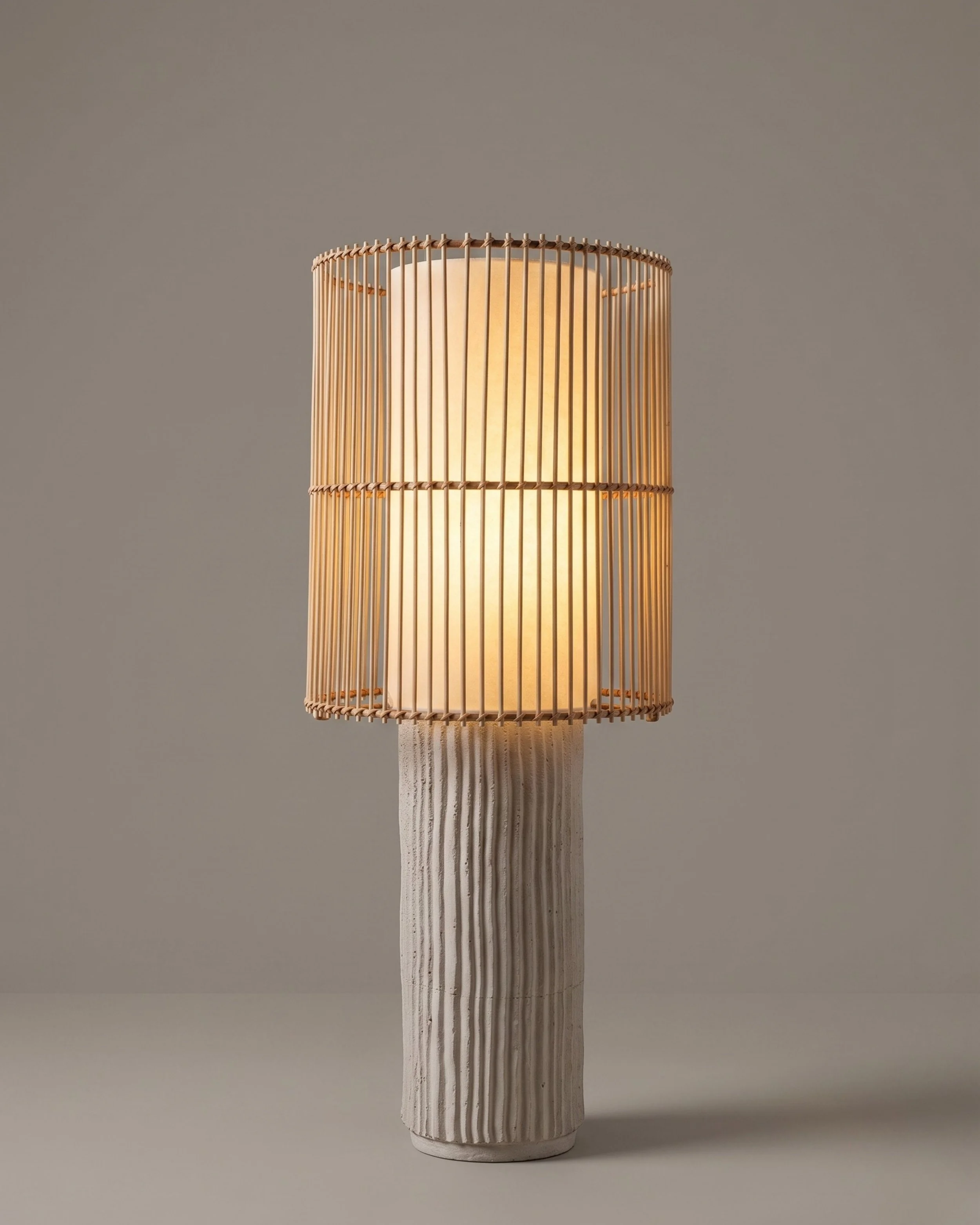 White Lamp, Ceramic, Cane Shade, Handmade, collectible art furniture.