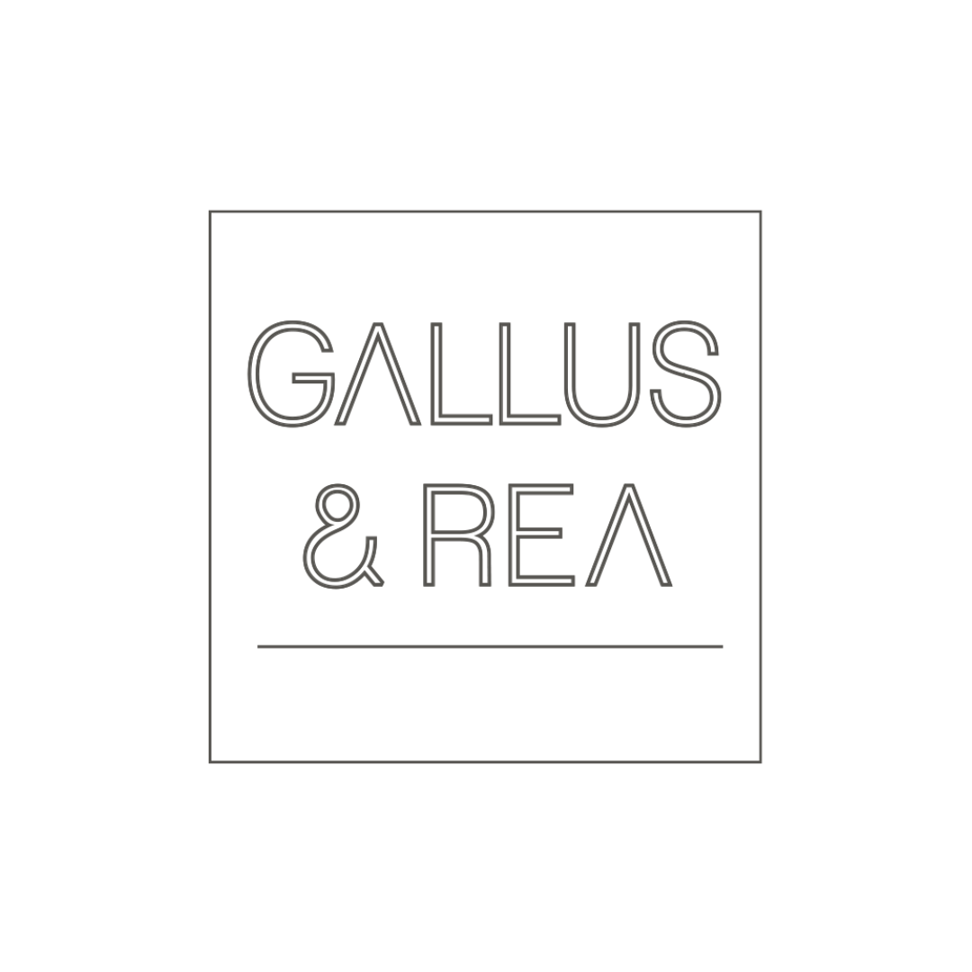 Black and white Gallus & Rea logo.