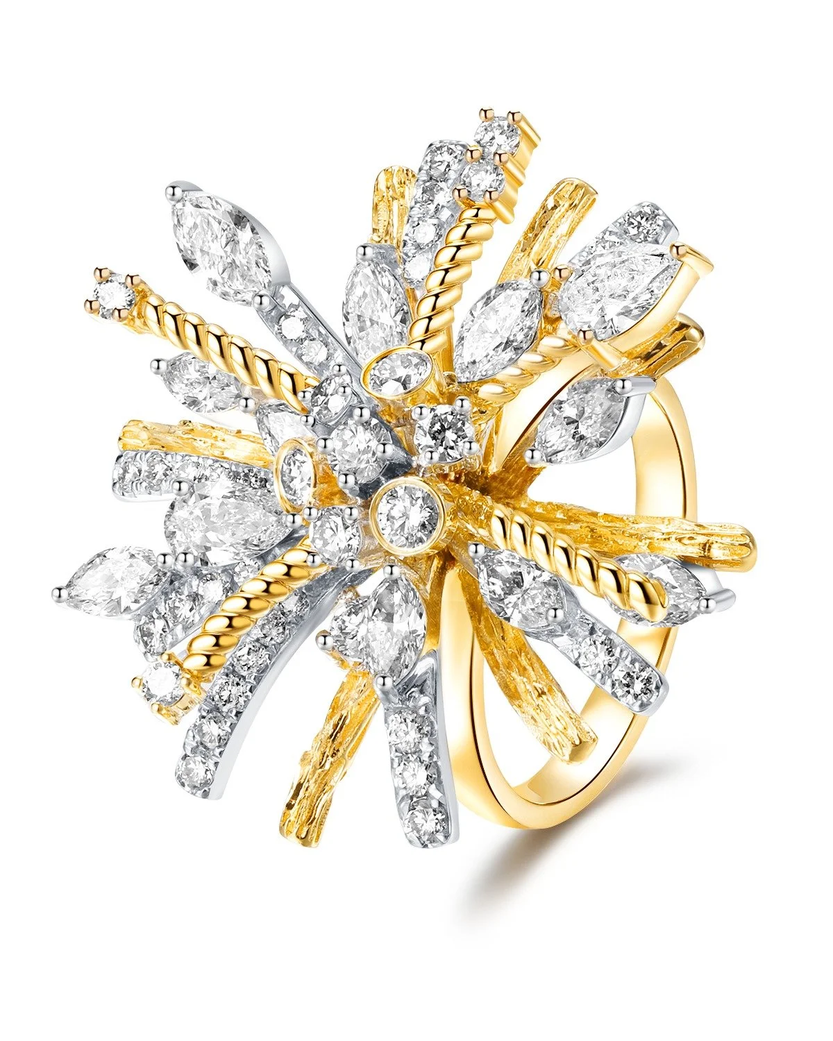 A burst of gold and diamonds in motion&mdash;textured metal, twisted forms, and marquise brilliance radiating outward in a three-dimensional explosion of light.

#jewelrydesigner #losangeles #finejewelry #customjewelry #entrepreneur #engagementring #