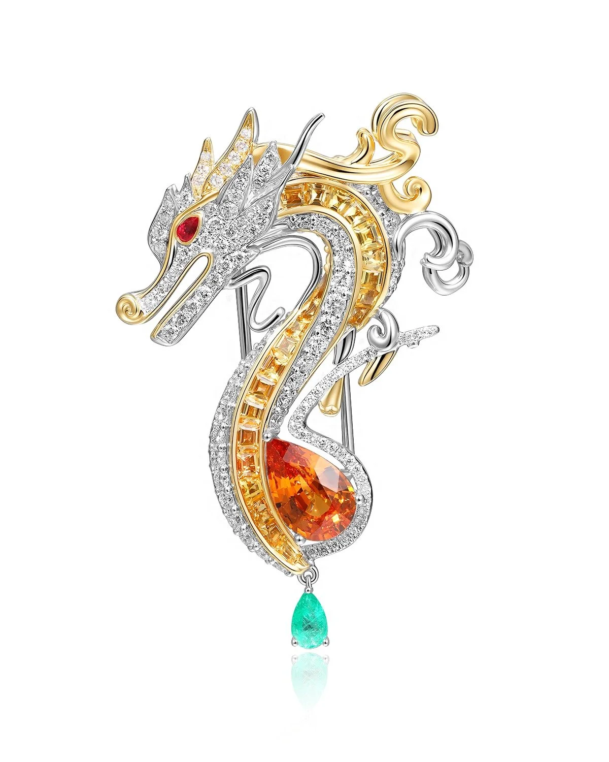 Dragon Brooch

A modern dragon rendered in 18K dual-tone gold&mdash;guardian, force, and continuity.
Centered by a 2ct vivid orange Fanta garnet, with custom-cut yellow sapphire, diamonds, ruby eyes, and an emerald tail drop.

In my culture, the drag