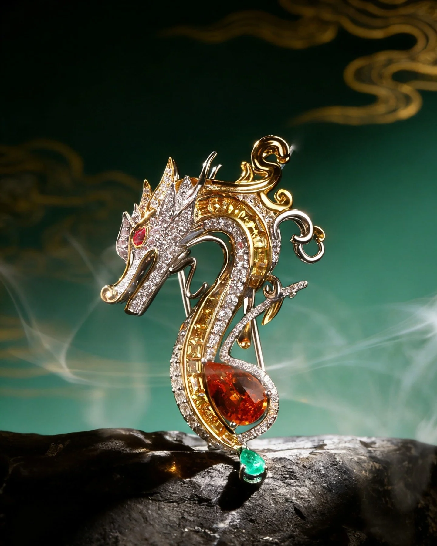 Dragon Brooch

A modern dragon rendered in 18K dual-tone gold&mdash;guardian, force, and continuity.
Centered by a 2ct vivid orange Fanta garnet, with custom-cut yellow sapphire, diamonds, ruby eyes, and an emerald tail drop.

In my culture, the drag