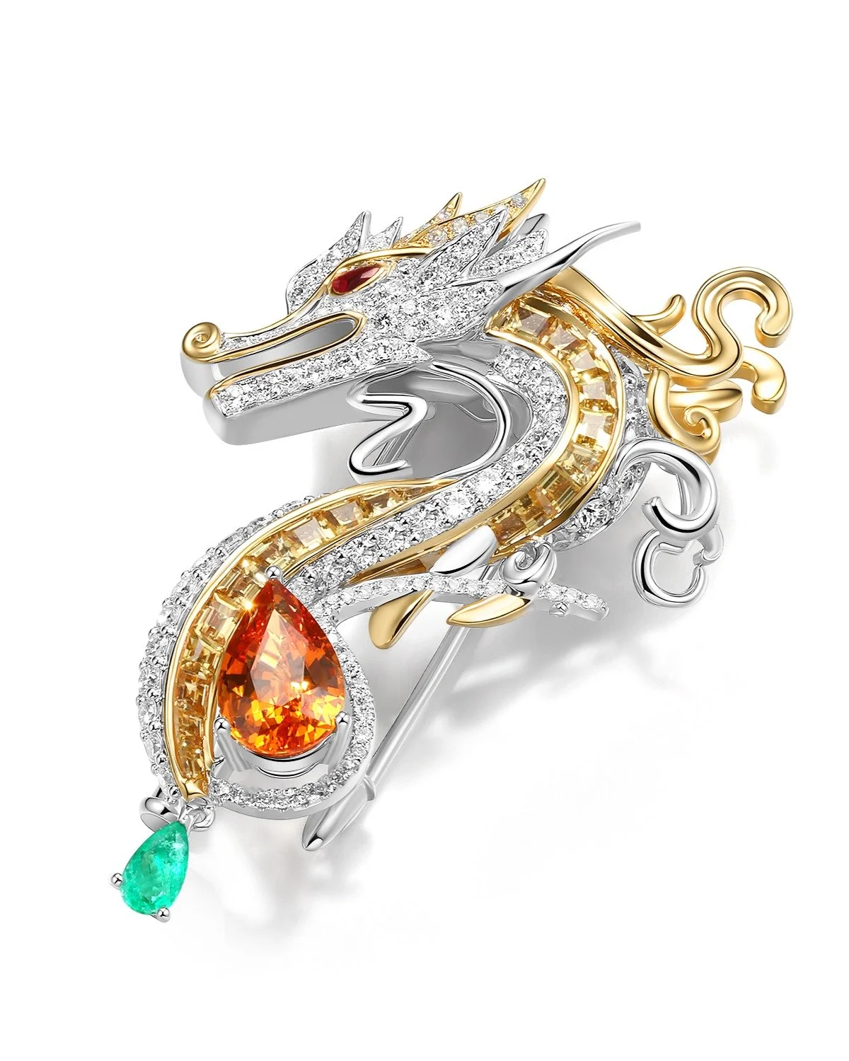 Dragon Brooch

A modern dragon rendered in 18K dual-tone gold&mdash;guardian, force, and continuity.
Centered by a 2ct vivid orange Fanta garnet, with custom-cut yellow sapphire, diamonds, ruby eyes, and an emerald tail drop.

In my culture, the drag
