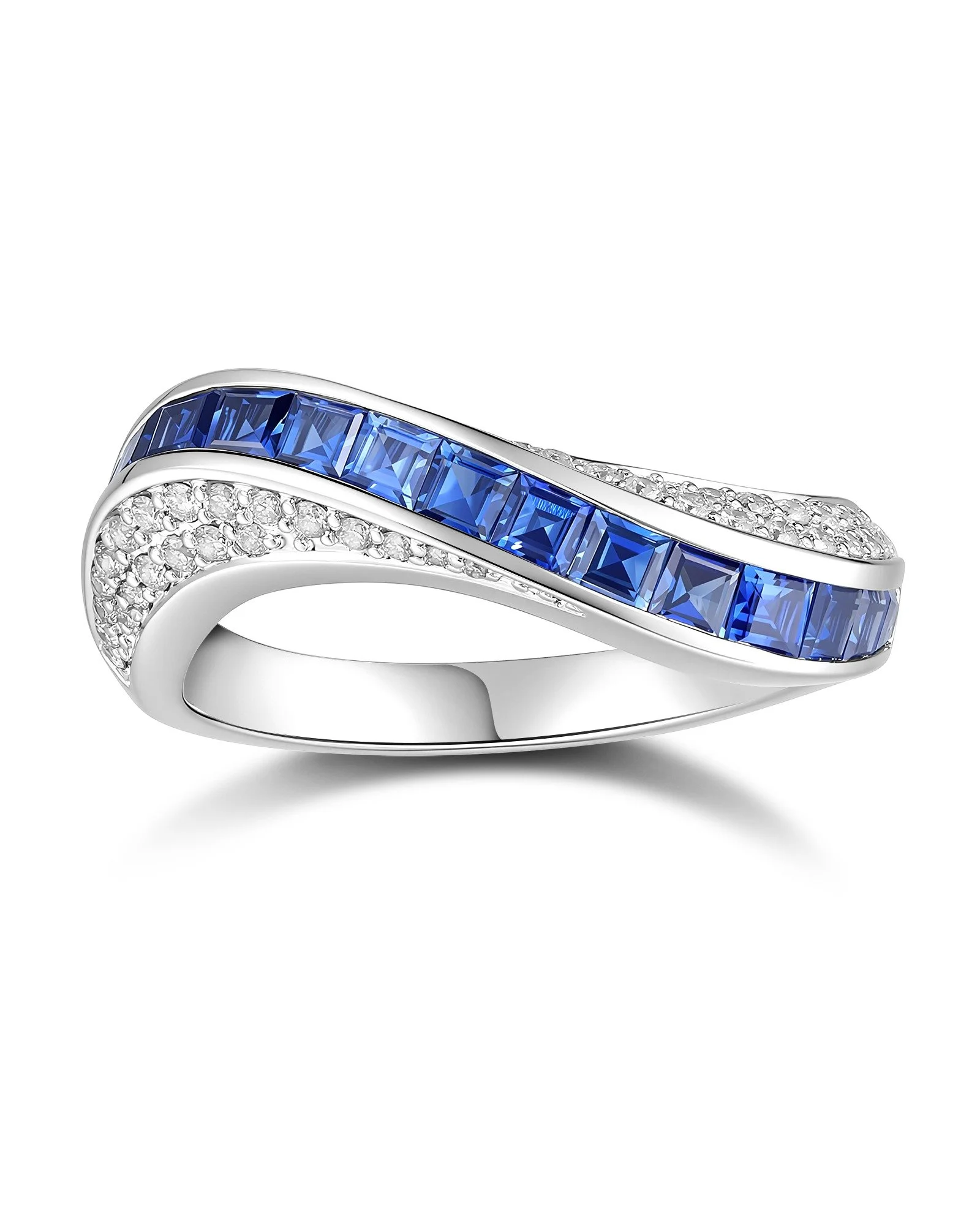 A current set in motion. Square-cut sapphires channel across the band in a single rising line, pav&eacute; breaking white along either edge. Stream collection.

#jewelrydesigner #finejewelry #danielyujewelry #customjewelry #highjewelry