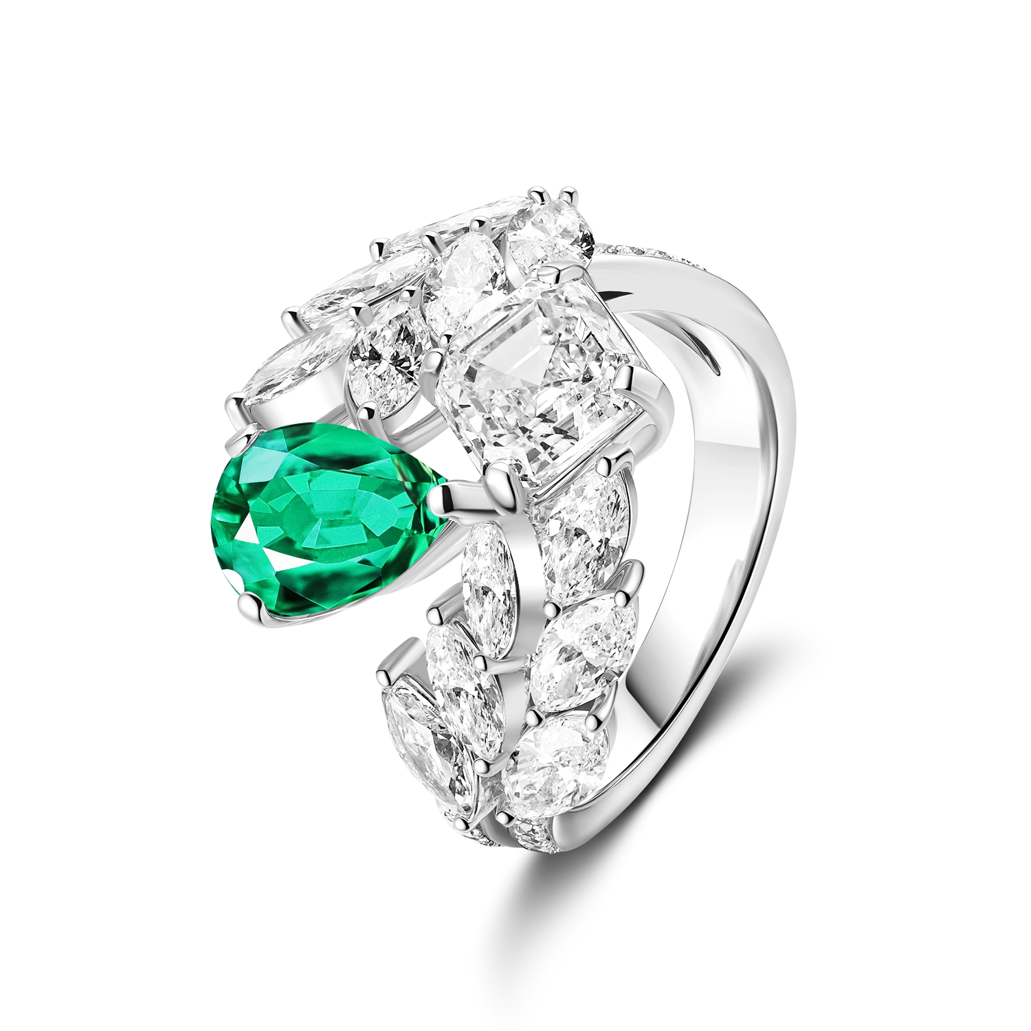 Toi et Moi with Natural Emerald and Asscher Cut Diamond