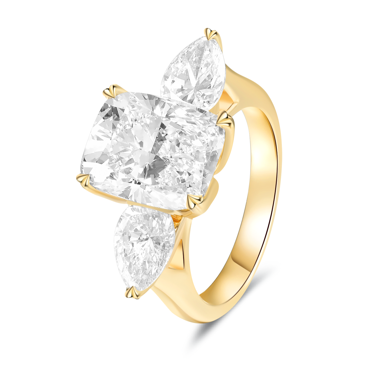 Trinity Ring with 4CT Elongated Cushion Diamond with Heart Prong Detail