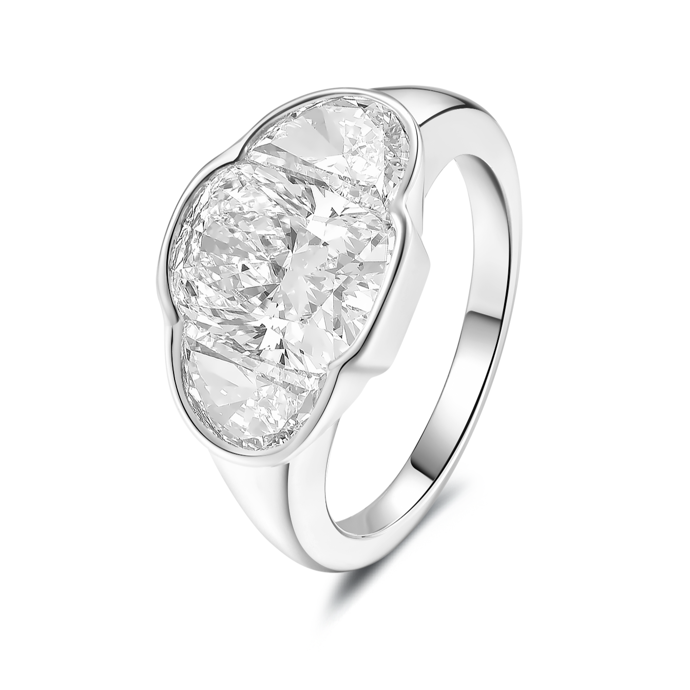 Bezel Setting Trinity Ring with Half Moon Side Stones