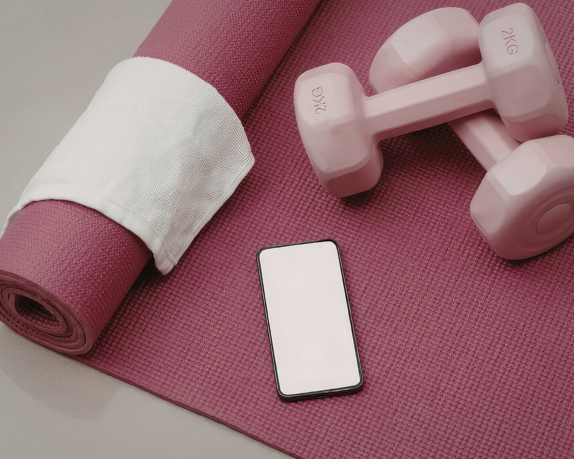 Image of a yoga mat with dumbbells and a phone lying flat on the floor
