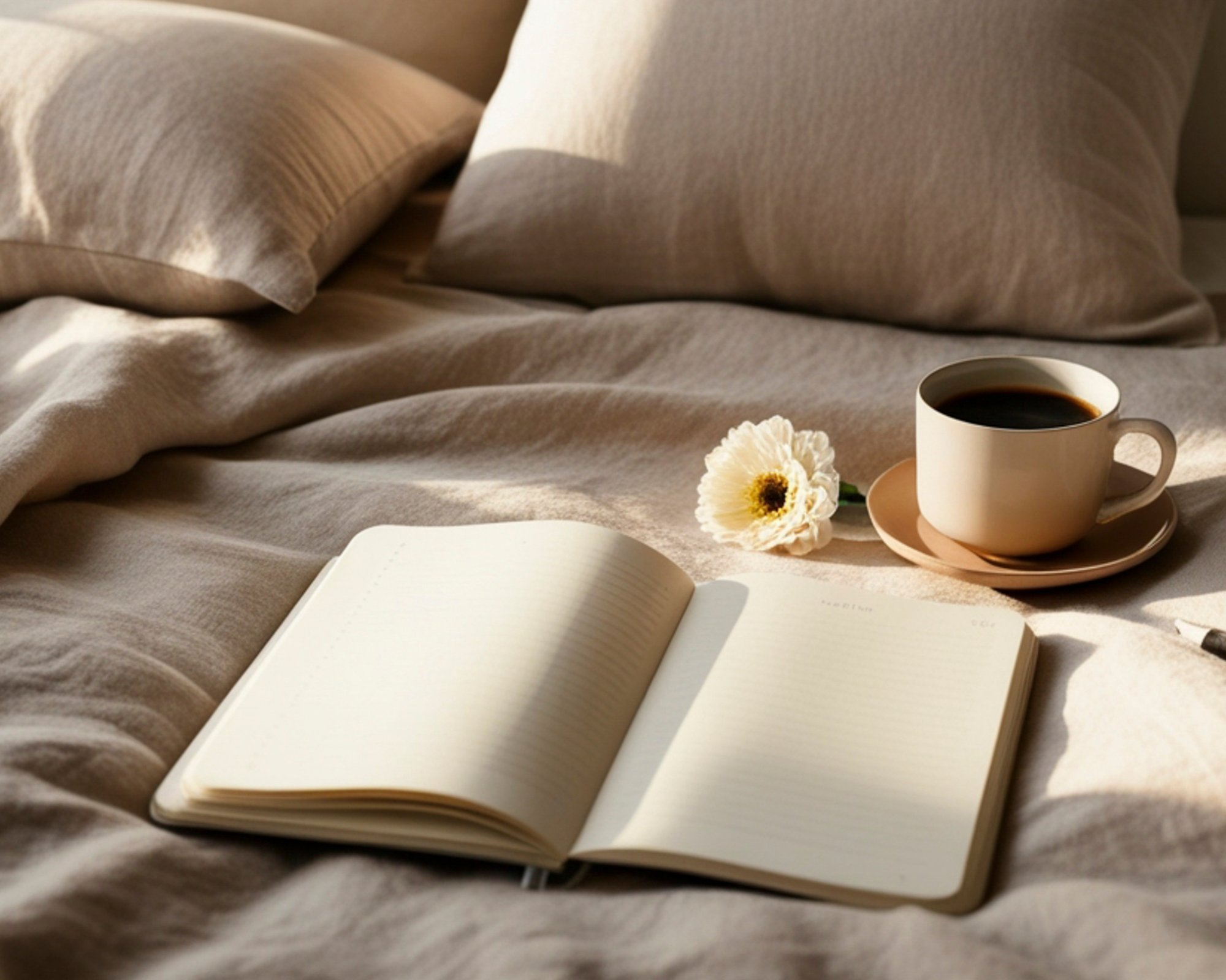 image of a tea cup sitting on top of a notebook on a bed.