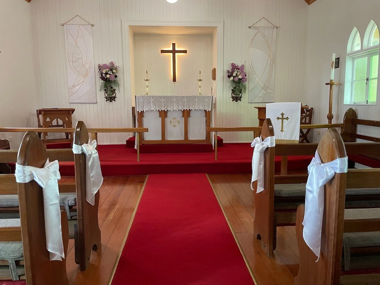 Inside St Mary's Church Montville, with wedding banners and altar cloths