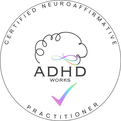 A circular logo with the words "Certified Neuroaffirmative ADHD Works Practitioner" surrounding a stylized brain sketch and a colorful check mark.