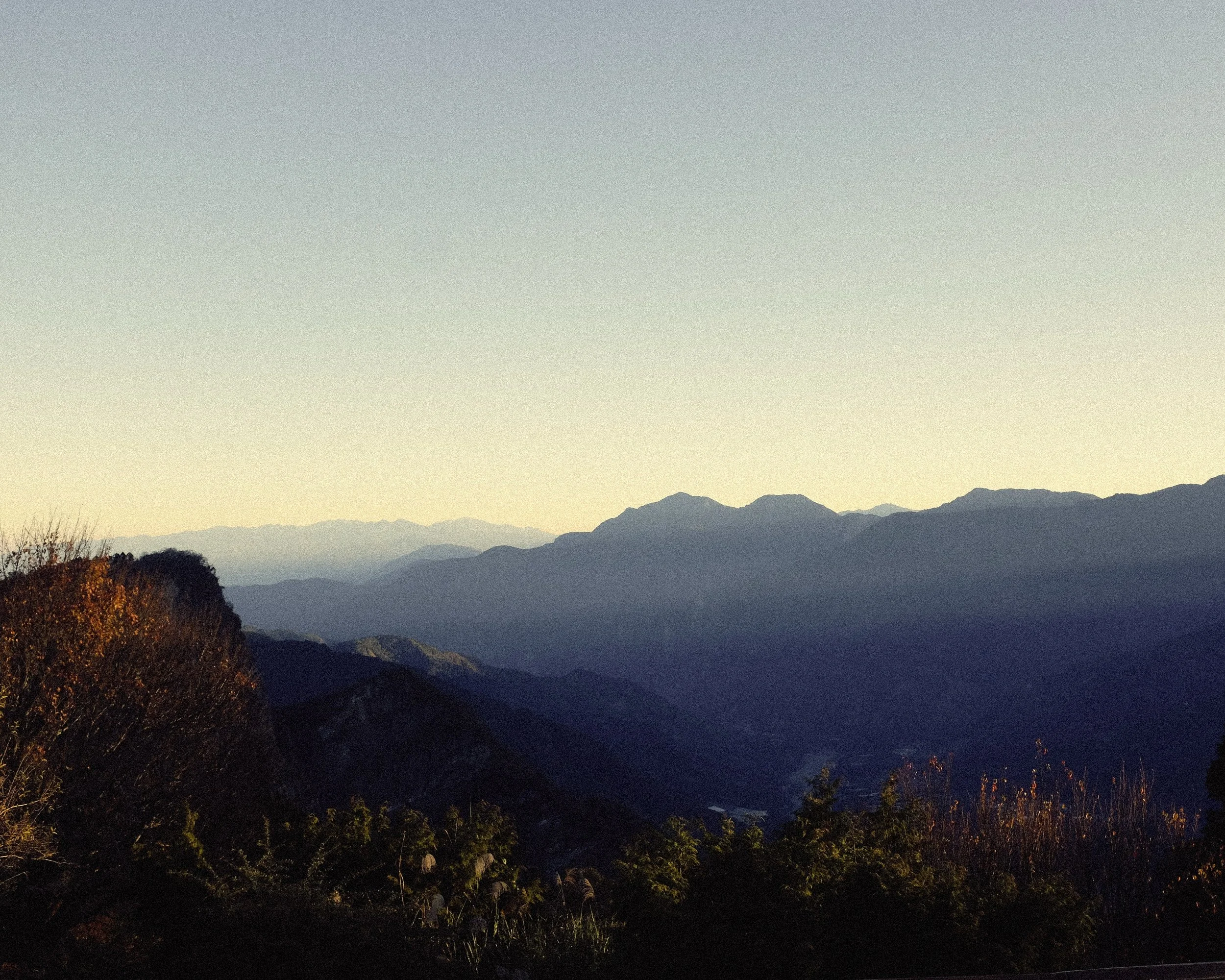Mountain landscape at dawn with multiple mountain ranges fading into the distance and trees in the foreground.