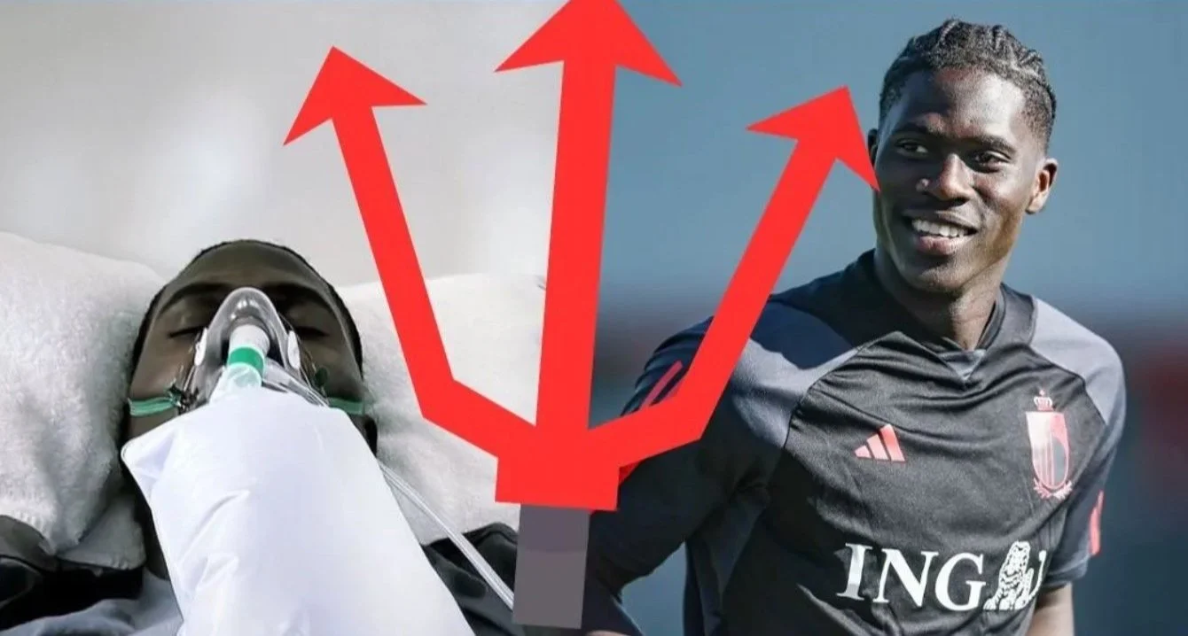 Split image of a person wearing a hospital oxygen mask on the left and a smiling athlete in a sports jersey on the right, with a red trident symbol overlay.