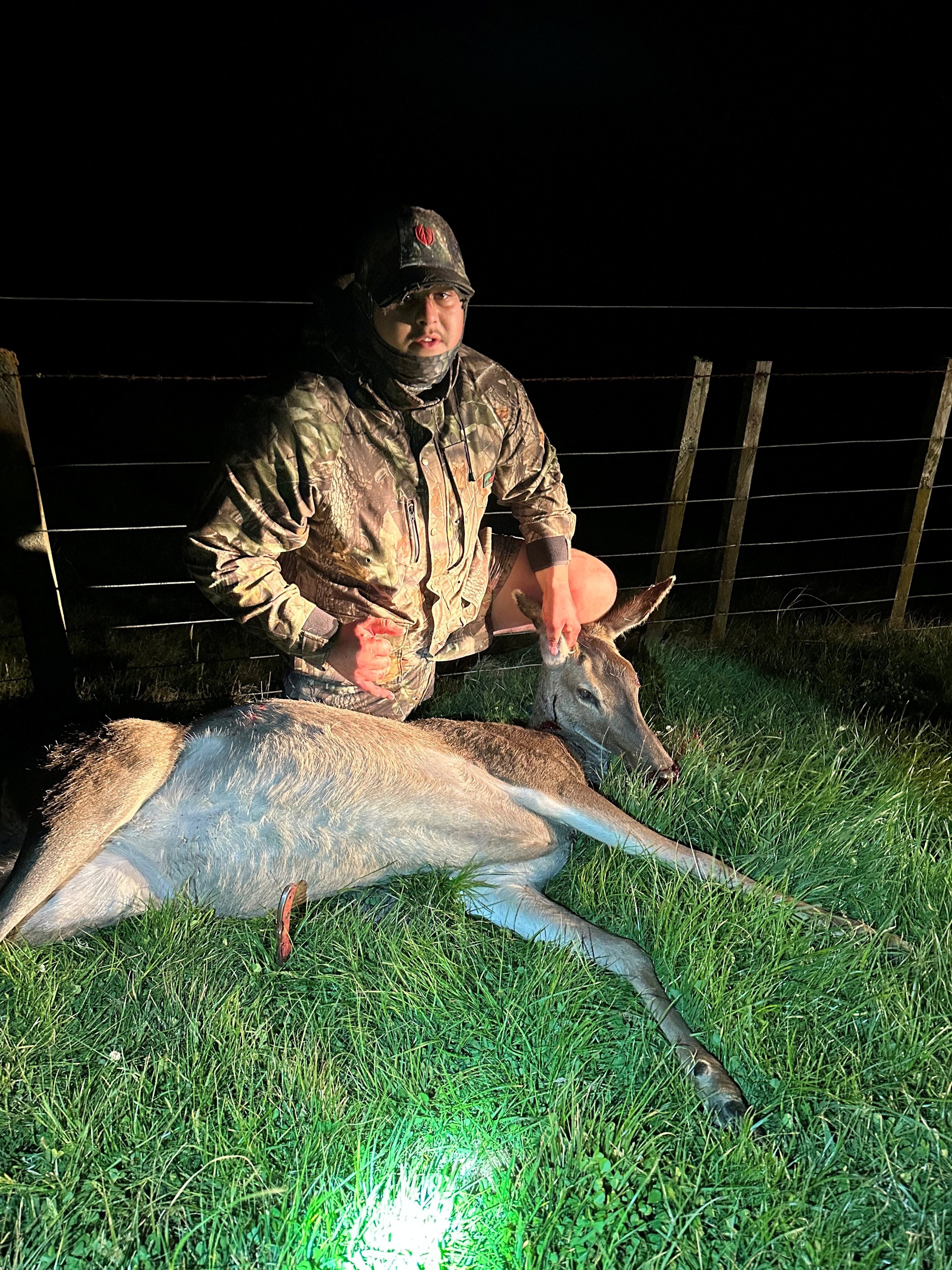 A person in camouflage clothing and a hat is kneeling next to a dead deer on green grass at night, with a wooden fence and dark sky in the background.