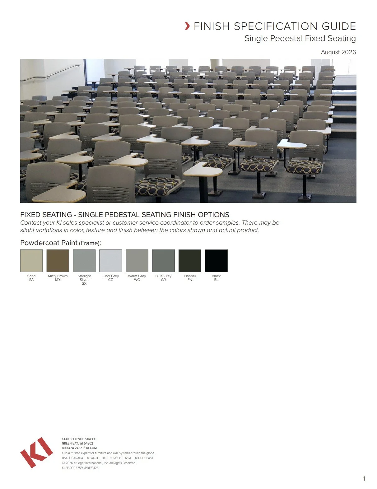 KI Single Pedestal Fixed Seating Brochure & Specification Sheet