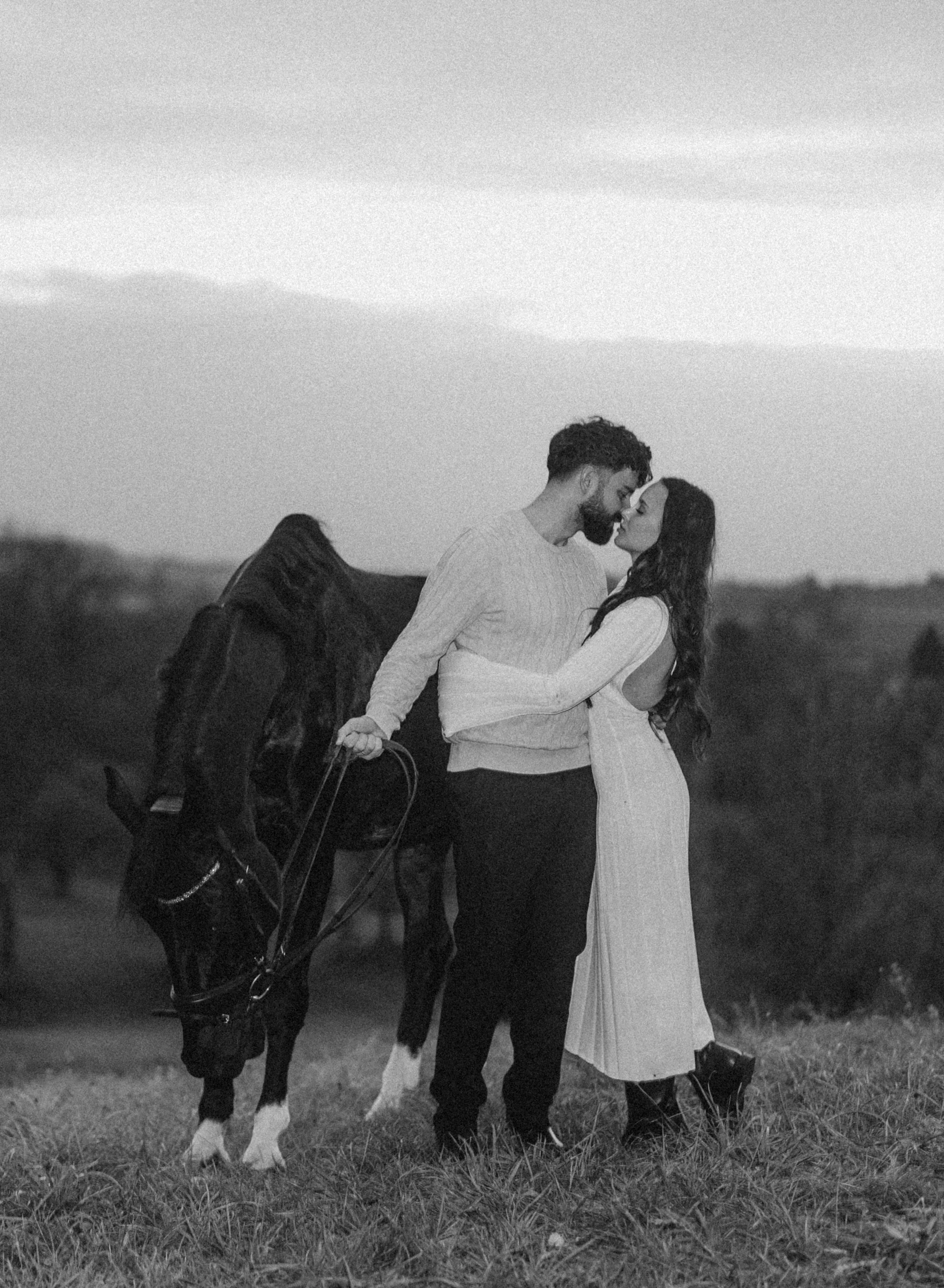 Ein schwarz-weiß Foto eines Paares, das auf einer Wiese steht, sich liebevoll berührt und zum Kuss ansetzt, im Hintergrund ein Pferd, das an einer Leine gehalten wird.Paarshooting mit Pferd
Fotoshooting mit Pferd
Love Story 
Paarfotografie