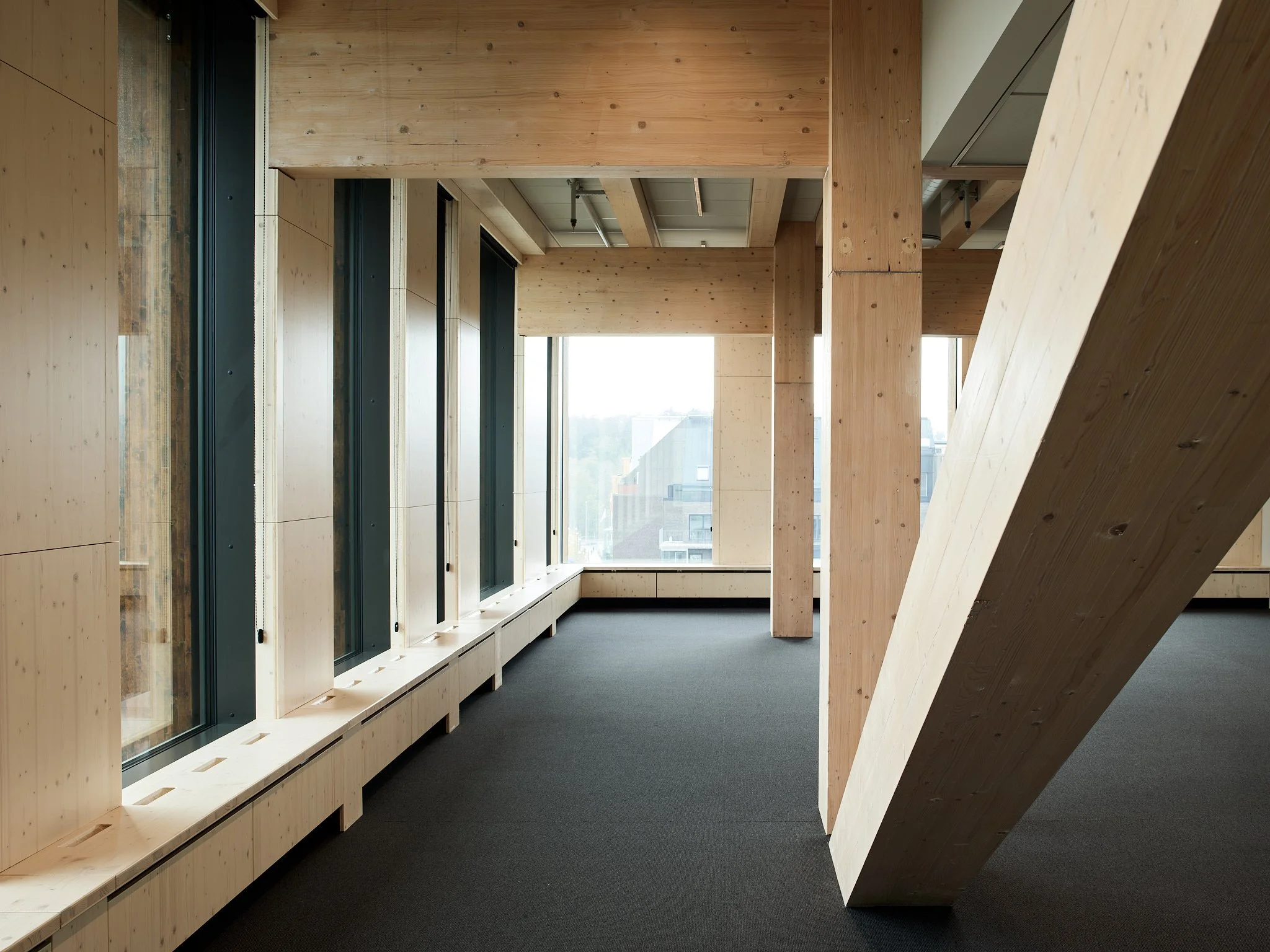 Modern interior space with large windows, wooden walls, and a black carpeted floor.