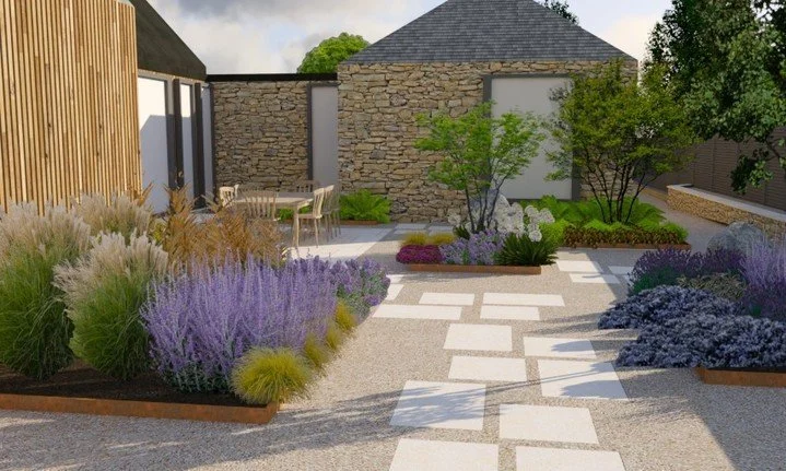 We're excited to be back working on this project in 2025, providing the Design input and Planting for a beautiful contemporary home. These 3D visuals give a sense of the scheme we've developed to work with the property and bring life to what has been