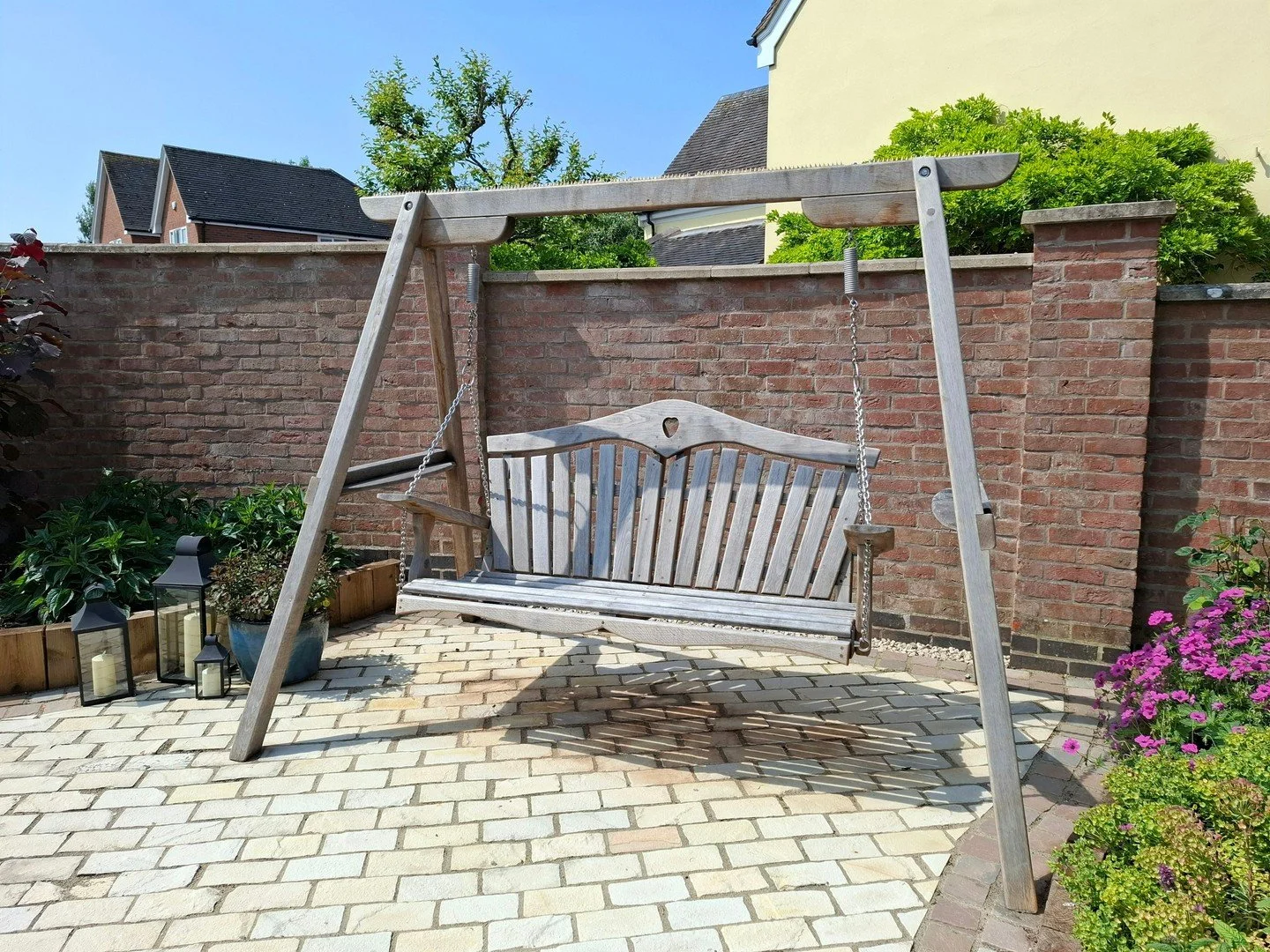 A beautiful bench from the wonderful Sitting Spiritually of Lyme Regis, looking splendid in our Courtyard Garden in Barton in the Beans, Leicestershire. The perfect feature for soaking up the sunshine and offering relaxing views across the space. We 