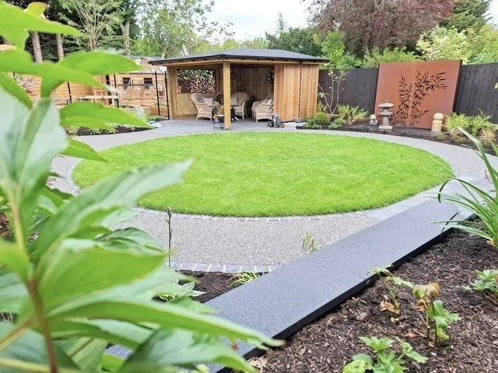 Our Japanese Inspired Garden transformation is almost complete! From a tired patch of unappealing lawn, we created this enviable garden, with Tea House, Corten Steel screens, Resin pathway, granite paving and setts, which wrap around the central lawn