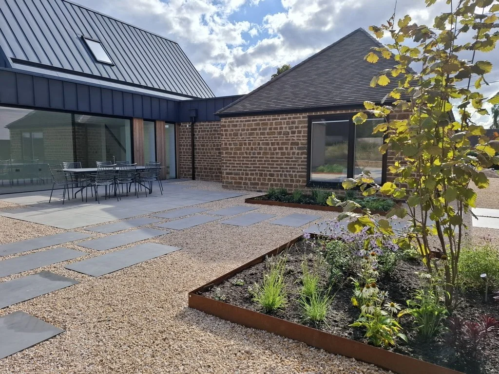 Contemporary Design - one of our long-term projects and great to see phase 1 installed in summer 2025 so we could plant the courtyard close to the house in the autumn. Looking forward to moving on to phase 2 soon. The landscaping design works in harm
