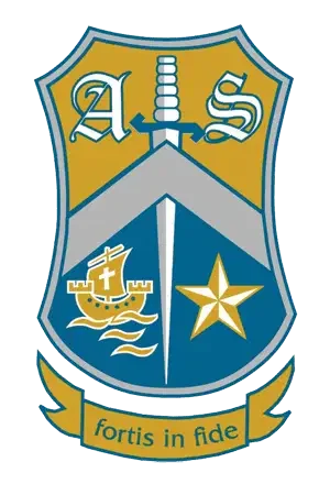 All Saints Catholic High School emblem featuring a shield with a sword at the top, a boat with a cross and waves on the left, a star on the right, and a ribbon at the bottom with the Latin phrase 'fortis in fide'.