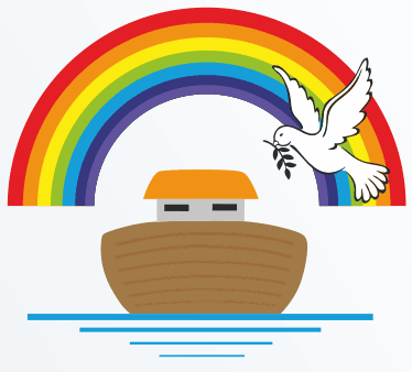 St. Thomas of Canterbury Primary School logo of a rainbow, a dove carrying an olive branch, a boat with a shelter, and water.