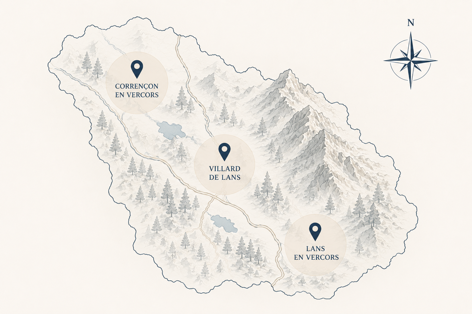 Carte illustrée de la région avec trois emplacements marqués : Corrçon en Vercors au nord-ouest, Villard de Lans au centre, et Lans en Vercors au sud-est, montrant montagnes, forêts, lacs et routes.