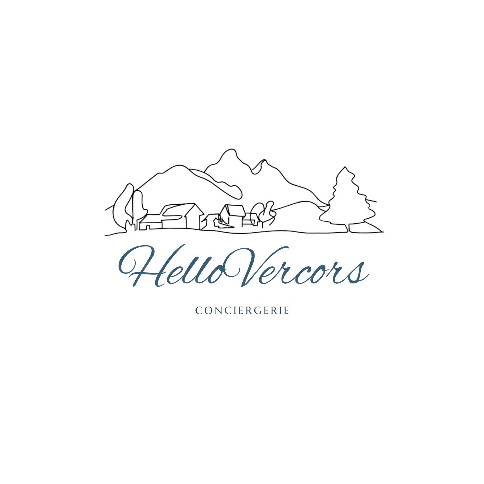 Illustration de montagnes, de bâtiments et d'arbres avec un logo en bas.