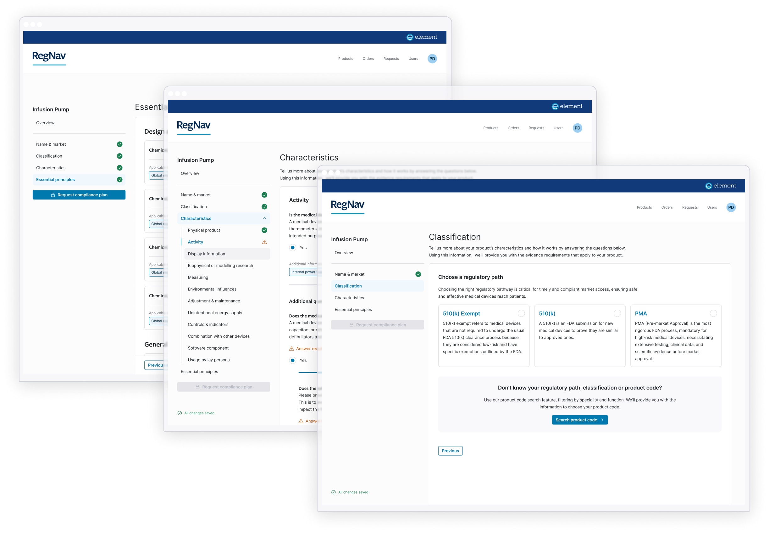 Multiple overlapping screenshots of a web application interface titled 'RegNav', showing sections on infusions, characteristics, classification, and regulatory paths for medical devices.